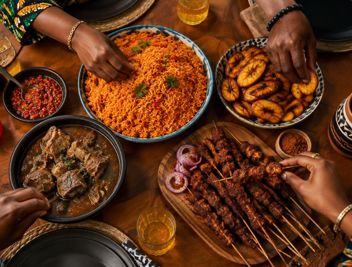 Hands sharing jollof rice, plantain and suya
